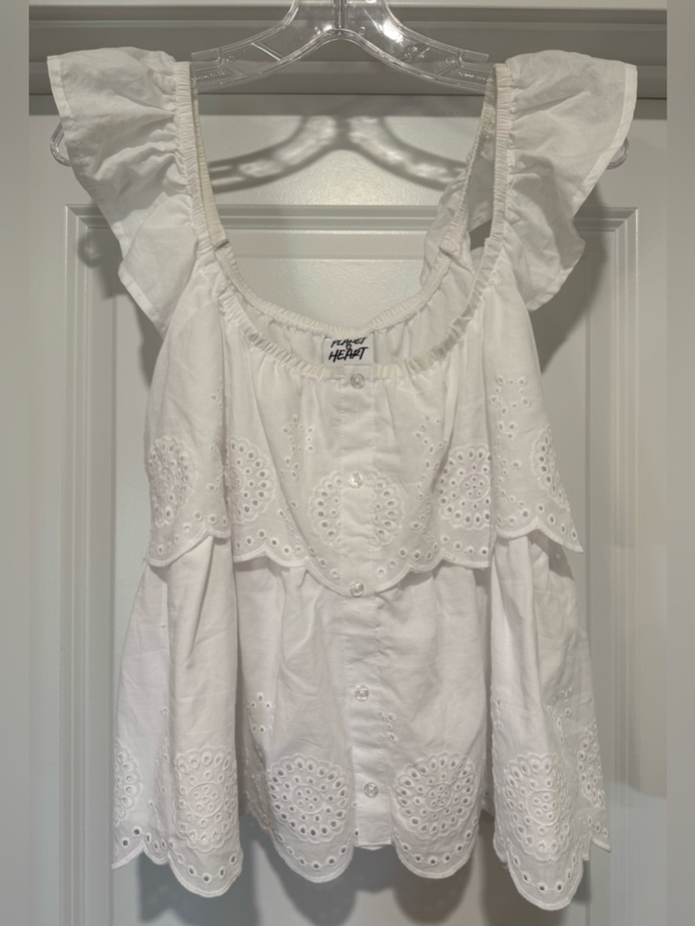 Planet Heart White Eyelet Flutter-Sleeve Tiered Cotton Sleeveless Top Size L